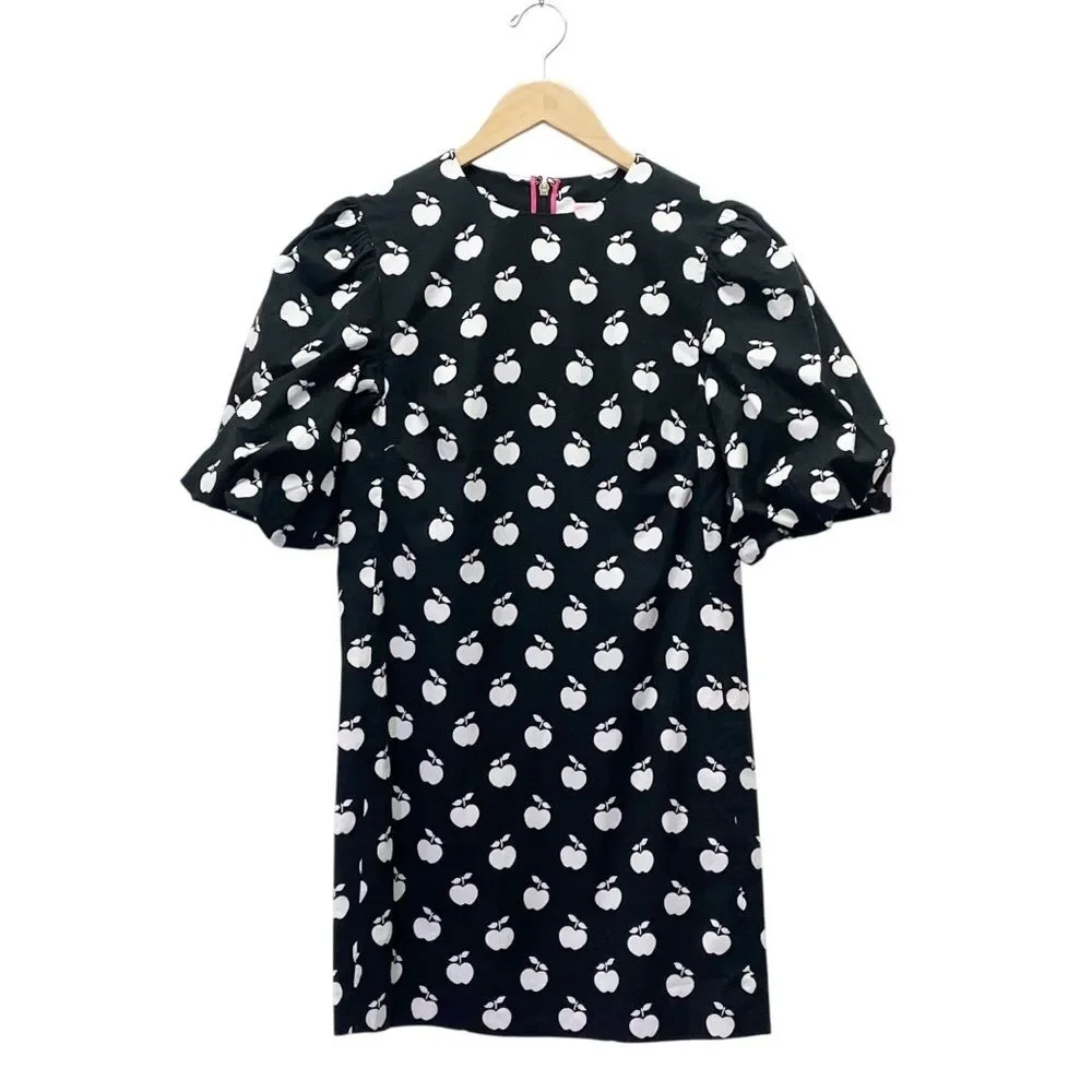 Kate Spade Apple Toss Taxi Dress Black White Puff Sleeve Mini Shift Size 00